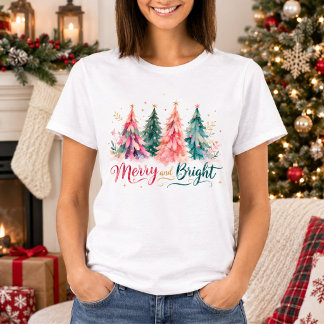 Farbige Wasserfarben-Weihnachtsbäume Fröhlich und  T-Shirt