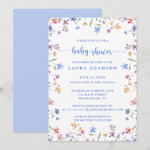 Farbige Wasserfarben-Wildblumen Blaue Babyparty Einladung