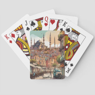 Farbige Wasserfarbenmalerei Istanbul Skyline Spielkarten
