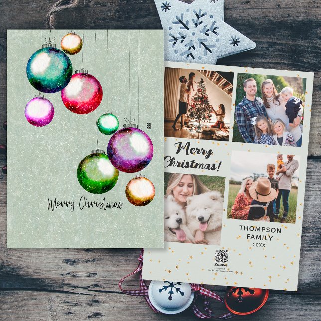 Farbige Weihnachtsbälle 4 Familienfoto Collage Feiertagskarte (Front and Back)