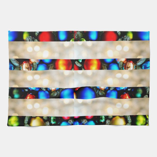 Farbige Weihnachtsbälle und weiße Lichter Streifen Geschirrtuch (Horizontal)