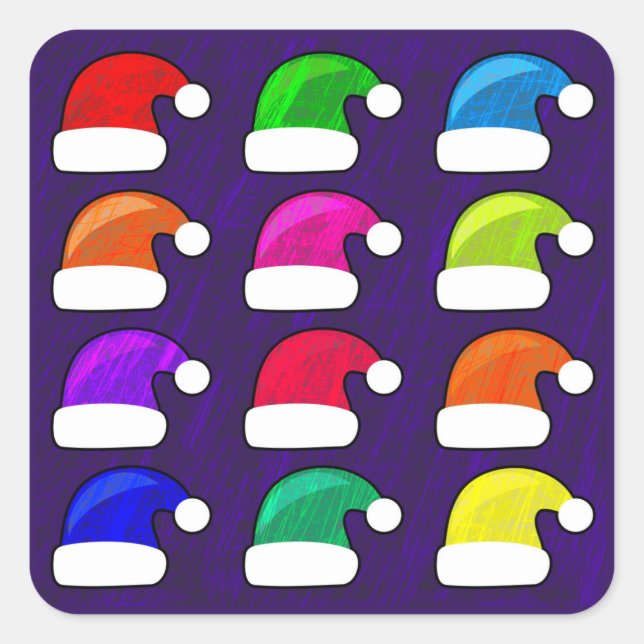 Farbige Weihnachtsmannmützen Quadratischer Aufkleber (Vorderseite)