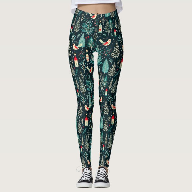 Farbige Weihnachtssymbole und Vogelmuster Leggings (Vorderseite)
