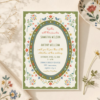 Farbige Whimsical Folk Florale Vögel Hochzeit Einladung