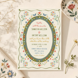 Farbige Whimsical Folk Florale Vögel Hochzeit Einladung