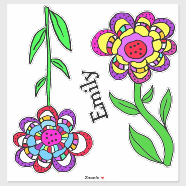Farbige Whimsikäre Blume und Name-Aufkleber Aufkleber (Blatt)