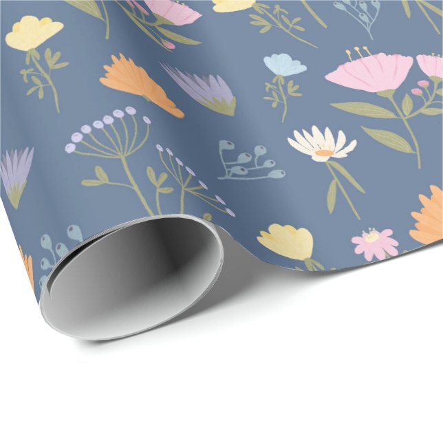 Farbige Wiese auf Blau Geschenkpapier (Rolleneckpunkt)