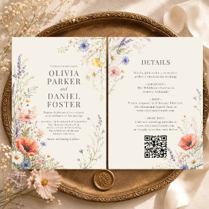 Farbige Wiesen-Wildblumen-QR-Code-Boho-Hochzeit Einladung