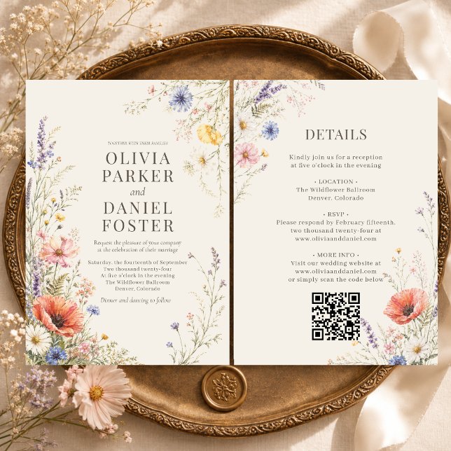 Farbige Wiesen-Wildblumen-QR-Code-Boho-Hochzeit Einladung (Von Creator hochgeladen)