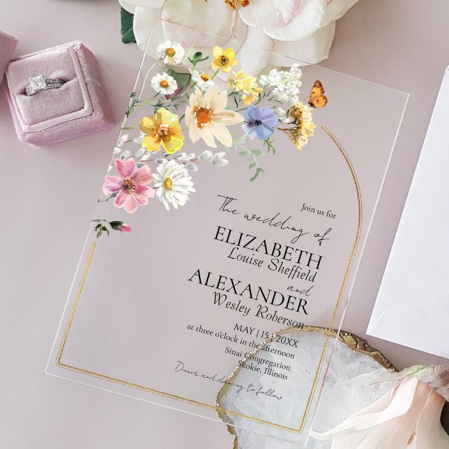 Farbige Wildblume Arch Gold Rahmen | Boho Wedding Acryleinladungen (Von Creator hochgeladen)