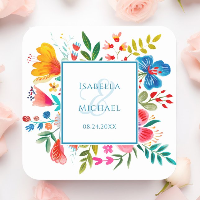 Farbige Wildblume Wasserfarben-Hochzeitsticker Quadratischer Aufkleber (Von Creator hochgeladen)