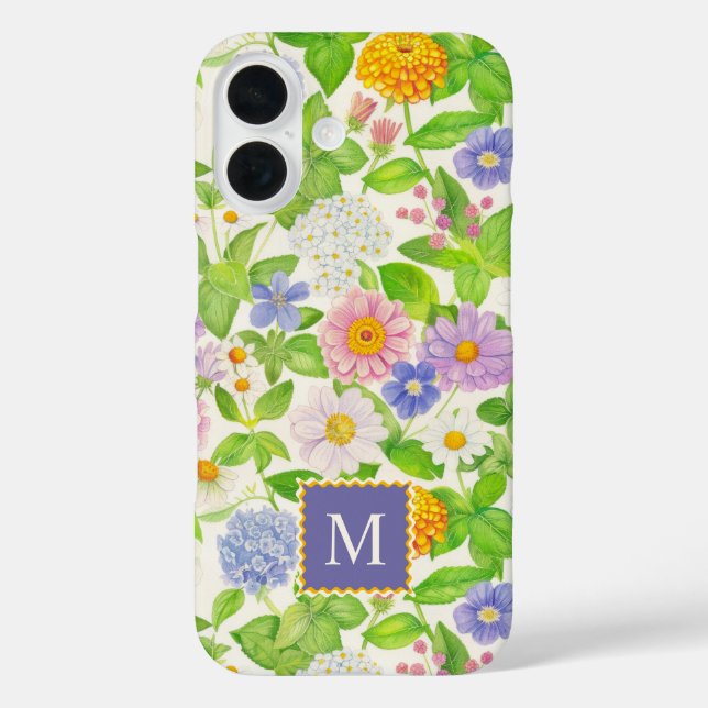 Farbige Wildblumen Blumenmuster Monogramm iPhone 16 Hülle (Rückseite)