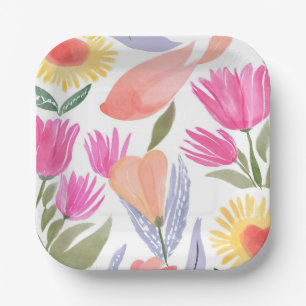 Farbige Wildblumen im Wasserfarb-Stil   Handgemalt Pappteller