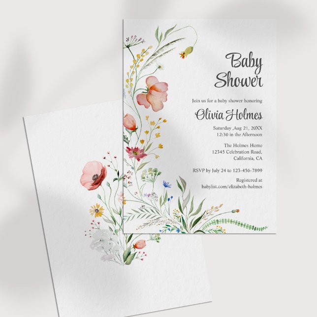 Farbige Wildblumen Kinderdusche Einladung (Colorful Watercolor Wildflowers Baby Shower Invitation on a white table.)