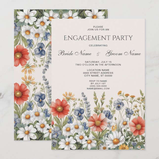 Farbige Wildblumen Verlobung Einladung (Vorne/Hinten)
