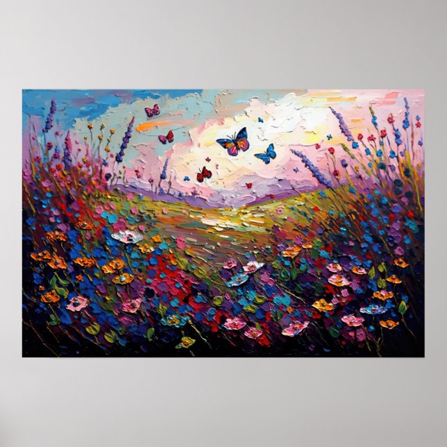 Farbige Wildblumen Wiese mit Schmetterlingen Poster (Vorne)