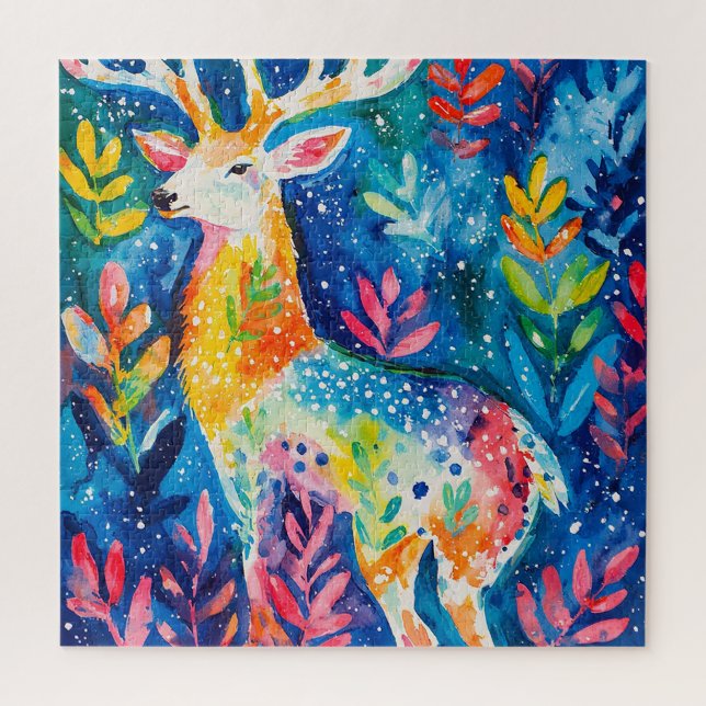 Farbige Winterhirsch-Aquarellmalerei (Vertikal)