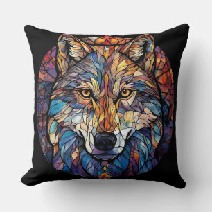 Farbige Wolfssilhouette in Mosaik-Buntglas Kissen