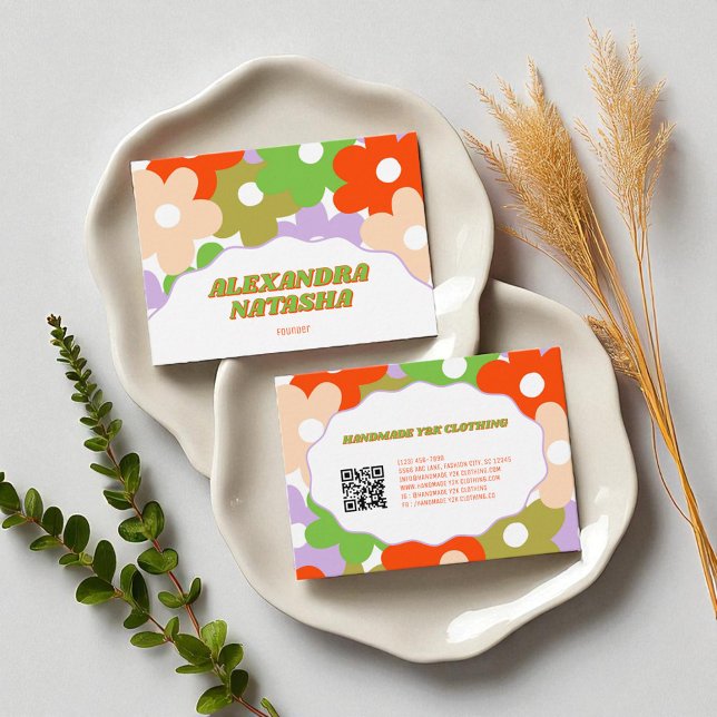 Farbige Y2K-Blume Handgefertigte Kleidung Visitenkarte (Orange Purple Blue Floral Retro Y2K Botanical Pillar Candle)