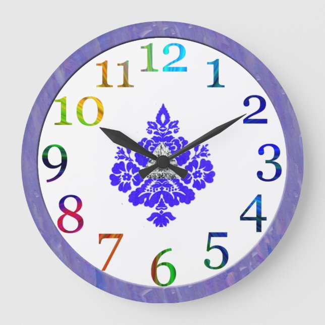 farbige Zahlen und blauer Damast Große Wanduhr (Vorderseite)