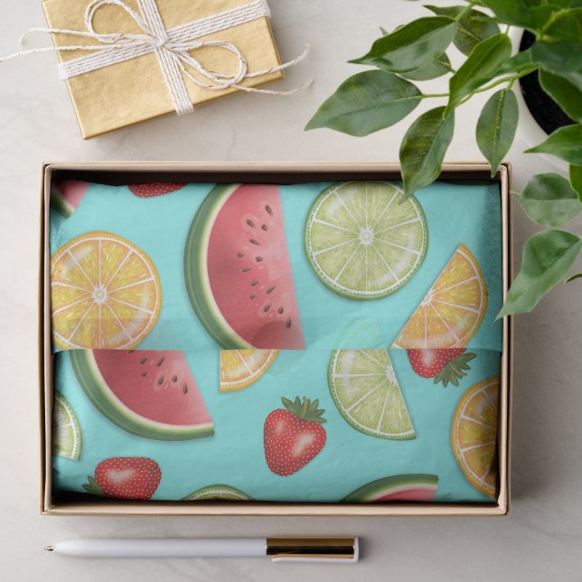 Farbige Zitrusfrüchte mit Melonen und Erdbeeren Seidenpapier (Geschenk)