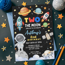 Farbige Zwei Auf Den Mond Raum Rakete Geburtstag Einladung