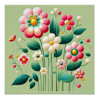 Farbiger 3D-Blumengarten mit rosa-gelben Blüten Poster