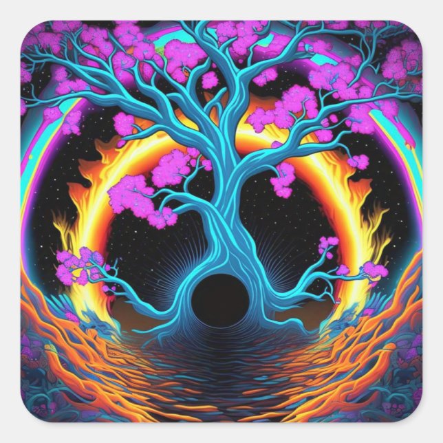 Farbiger Baum des Lebens Quadratischer Aufkleber (Vorderseite)