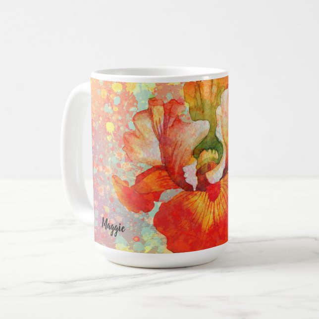 Farbiger bemalter Spritzmug mit Iris in Orange Kaffeetasse (Vorderseite Links)