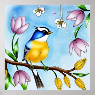 Farbiger blauer Vogel auf einem blühenden Ast Poster