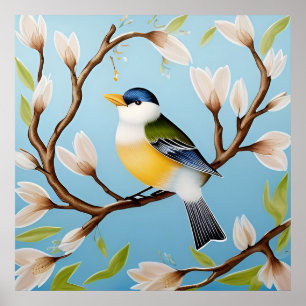 Farbiger blauer Vogel auf einem blühenden Ast Poster