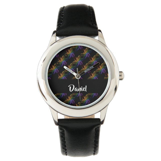 Farbiger Blumendruck schwarz Armbanduhr (Vorderseite)