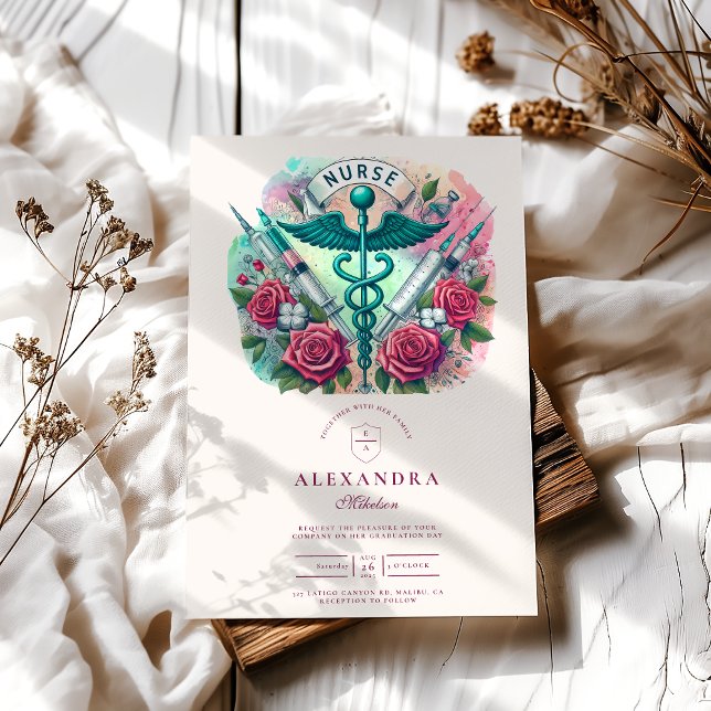 Farbiger Caduceus Nurse Abschluss mit Spritzen Einladung (Von Creator hochgeladen)