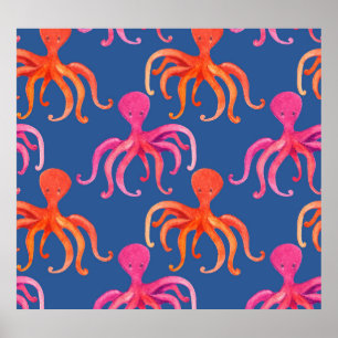 Farbiger Cartoon Octopus Wasserfarben Muster Poster