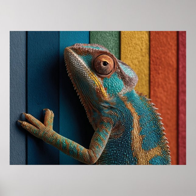 Farbiger Chamäleon auf Regenbogenhintergrund Poster (Vorne)