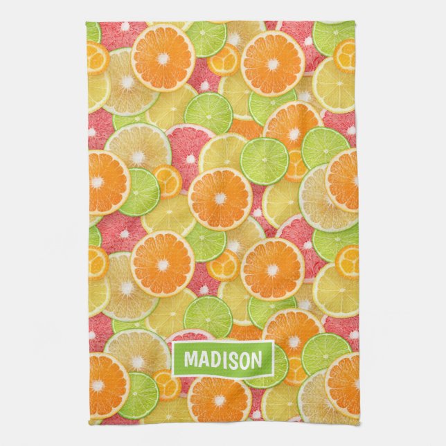 Farbiger Citrus individuelle Name Geschirrtuch (Vertikal)