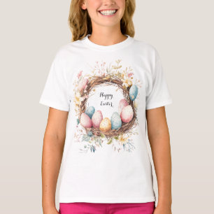 Farbiger dekorativer Kranz aus Ostereiern mit Flo T-Shirt