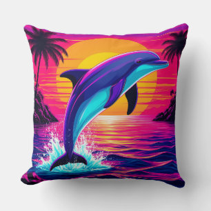 Farbiger Delfin  Lebendiger tropischer Sonnenunter Kissen