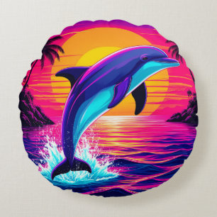 Farbiger Delfin  Lebendiger tropischer Sonnenunter Rundes Kissen