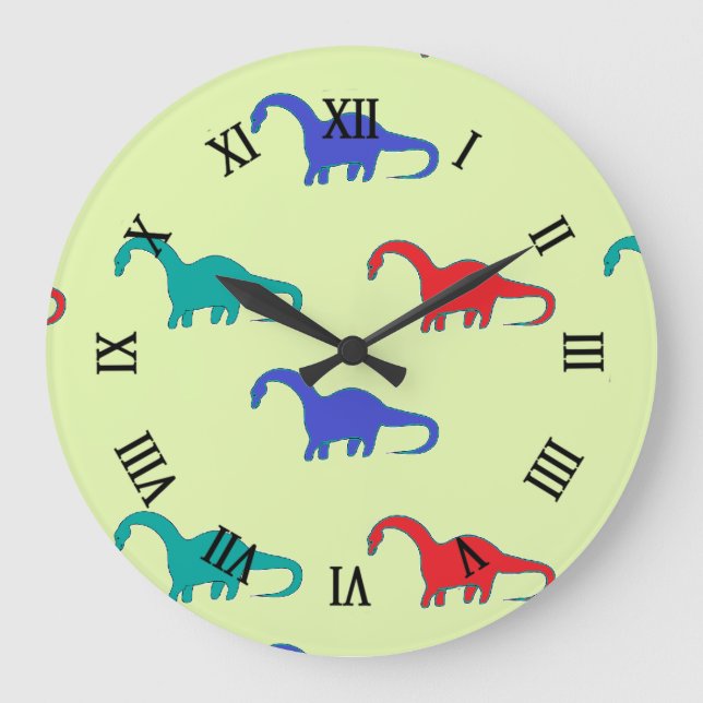 Farbiger Dino auf Grün Große Wanduhr (Vorderseite)