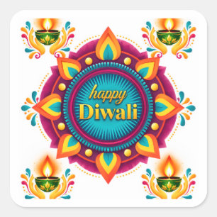 Farbiger Diwali-Mandala mit traditionellen Diyas Quadratischer Aufkleber
