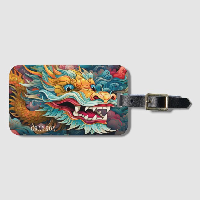 Farbiger Drache Moderner Personalisierter Name Gepäckanhänger (Vorderseite (Horizontal))