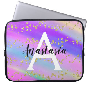 Farbiger Einhorn Regenbogen Gold Glitter Monogramm Laptopschutzhülle