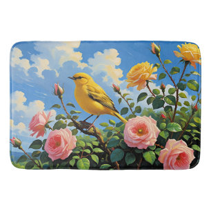 Farbiger gelber Vogel und hübsche rosa Rosen Badematte