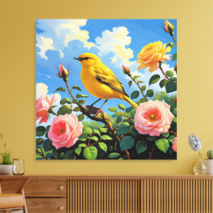 Farbiger gelber Vogel und hübsche rosa Rosen Leinwanddruck
