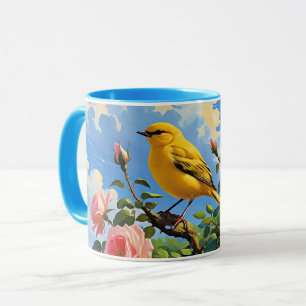 Farbiger gelber Vogel und hübsche rosa Rosen Tasse