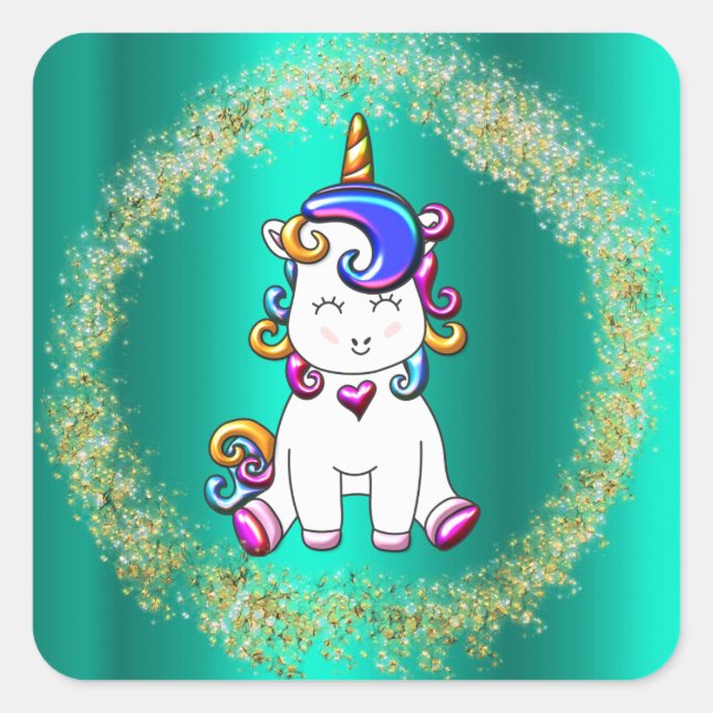 Farbiger Glitzer Einhorn Aquamarin Quadratischer Aufkleber (Vorderseite)
