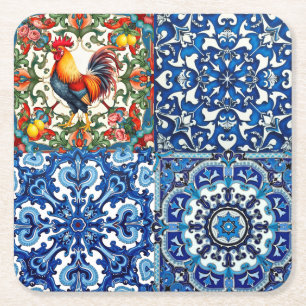 Farbiger Hahn,Mittelmeer,Mosaik,Zitrone, Rechteckiger Pappuntersetzer