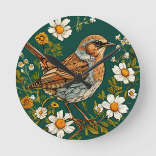 Farbiger Heckenbraunelle-Vogel zwischen blühenden Runde Wanduhr