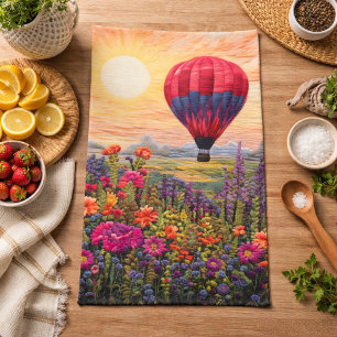 Farbiger Heißluftballon Wildblumen Sonnenuntergang Geschirrtuch